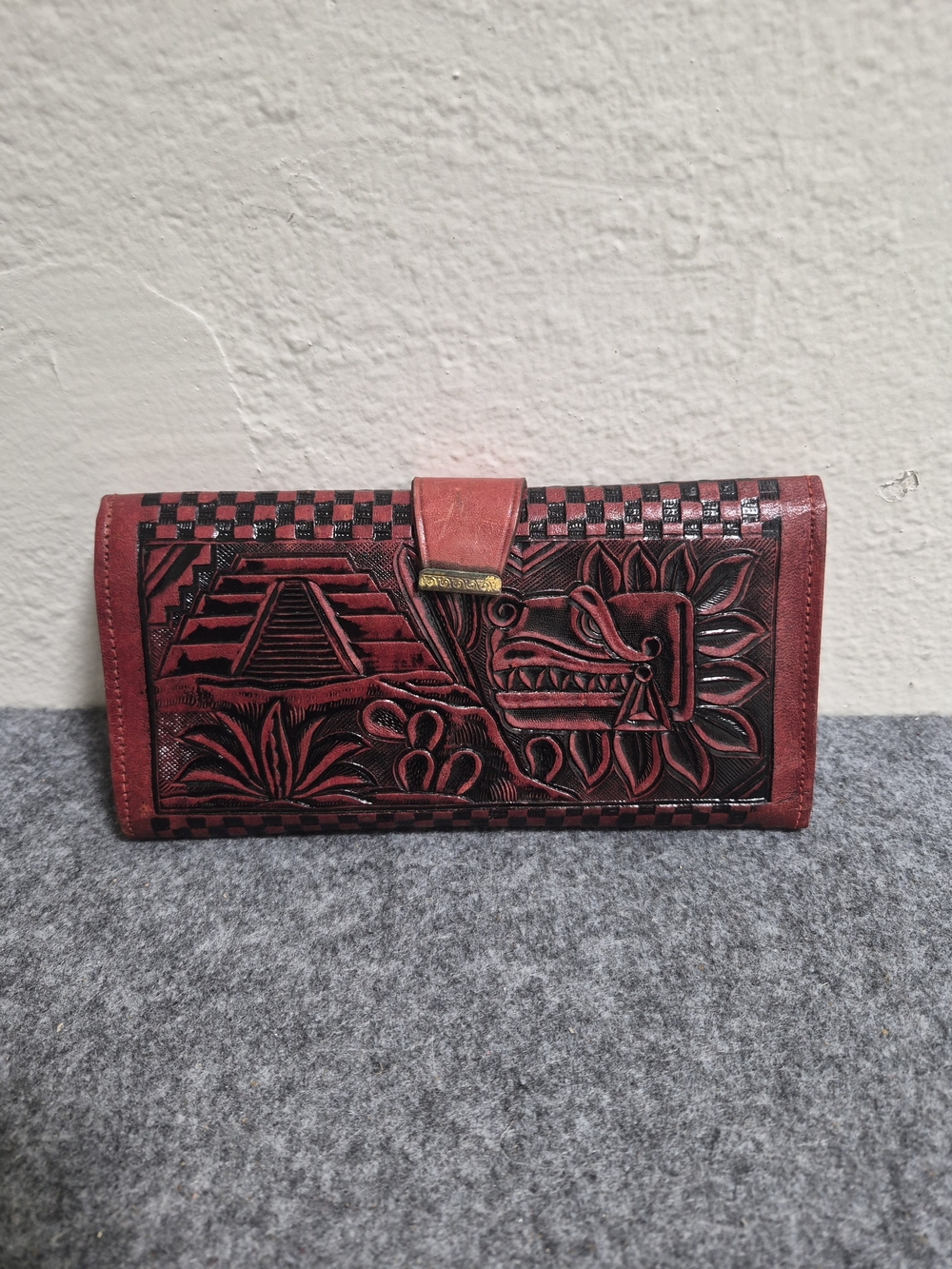 Hand-Tooled Red Leather Women's Wallet with Aztec Motif